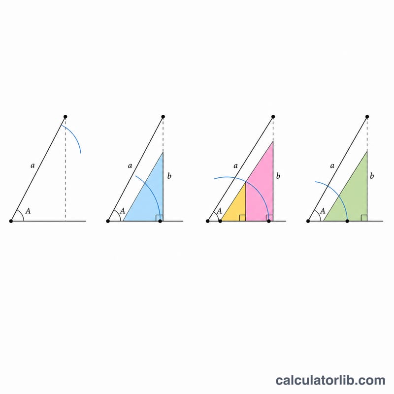 Four cases of the ambiguous SSA situation showing zero, one, or two possible triangles