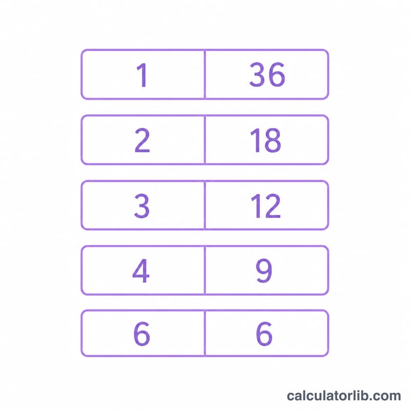 Factor pairs of 36 shown as linked blocks