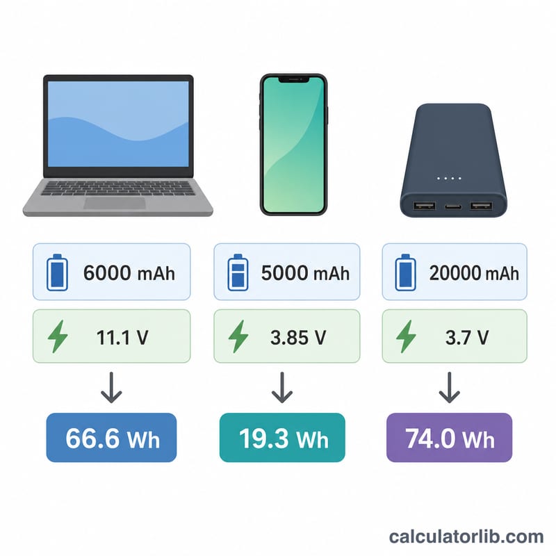 Laptop, phone, and power bank batteries each converted to watt-hours