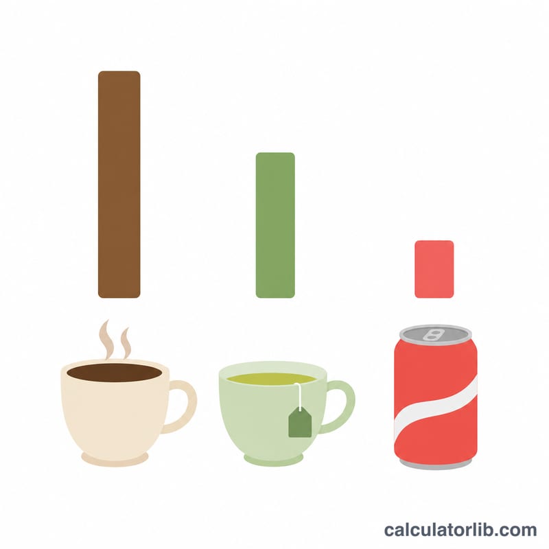Flat icons of a coffee cup, tea cup, and soda can each with a relative caffeine amount indicator