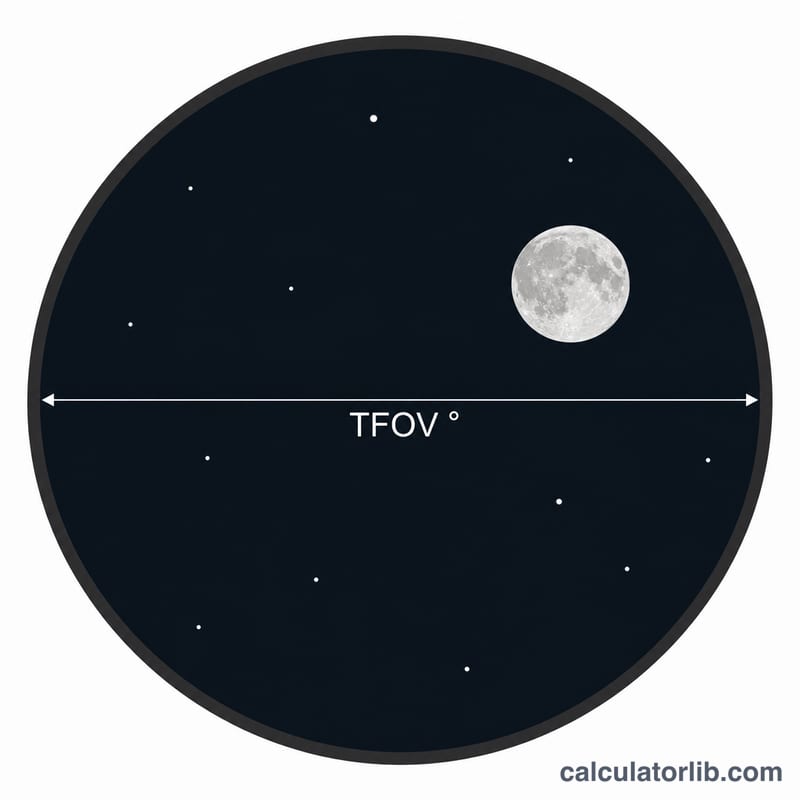 Cercle de ciel montrant la lune contenue dans le champ réel d'un télescope
