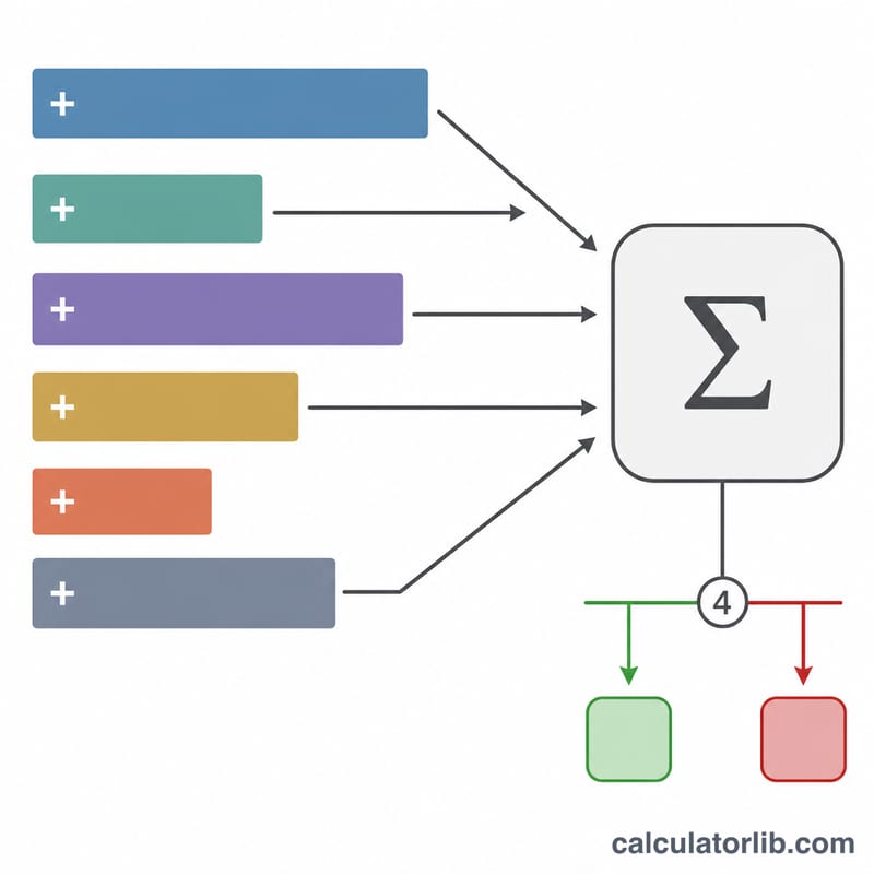 Flat diagram showing weighted risk factor blocks summing into a total score