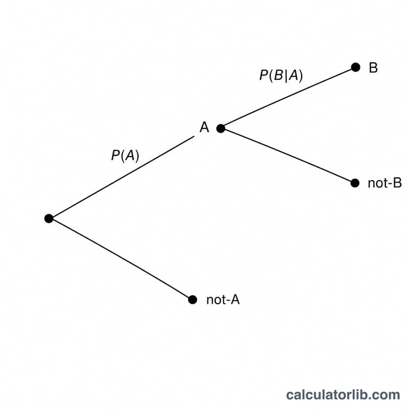 Probability tree showing event A branching into event B for independent and dependent cases