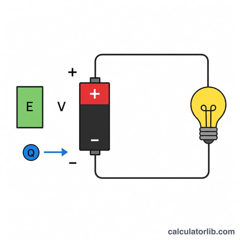 Simple battery circuit illustrating energy, charge and voltage