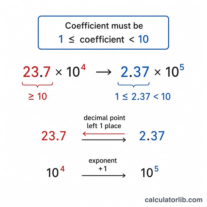 Diagram of normalizing a scientific notation coefficient to between 1 and 10