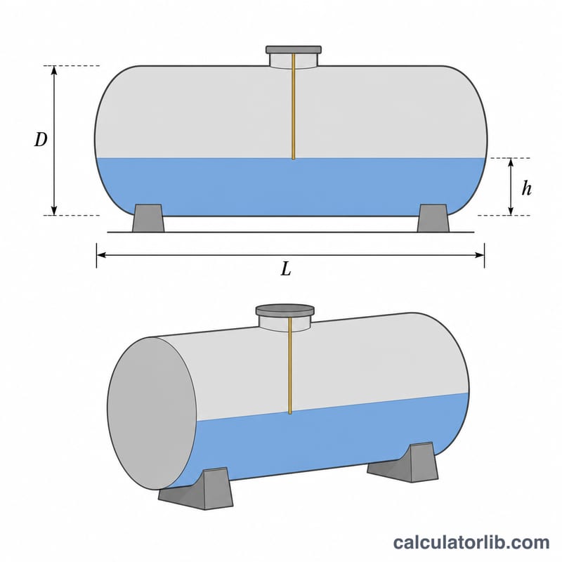 Horizontal cylindrical oil tank with a dip stick measuring fill depth and length labeled