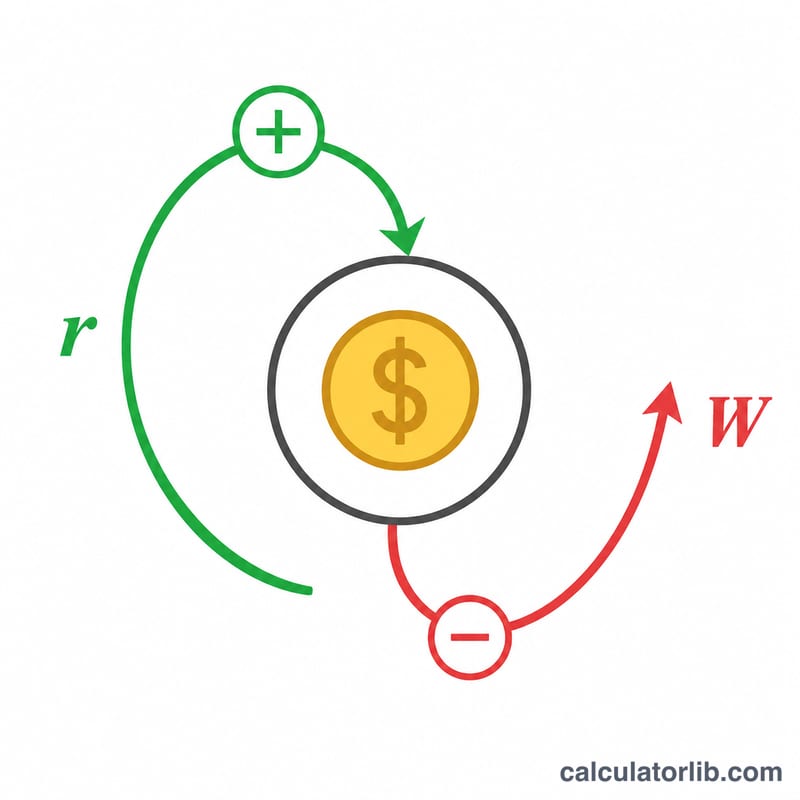 Diagram of growth versus withdrawals affecting balance each year