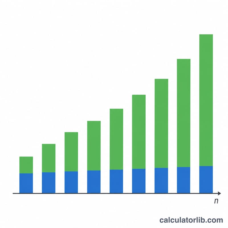 Bar chart of net worth rising year by year with each bar split into principal and growth gains