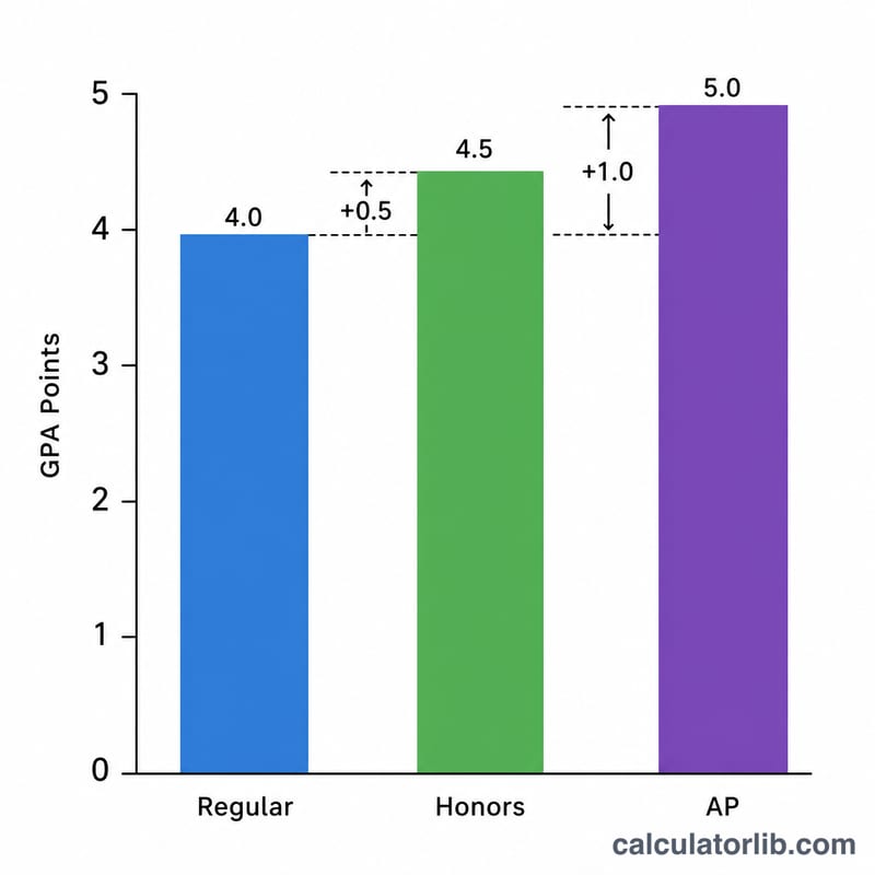 सामान्य, Honors +0.5 और AP +1.0 वेटेड ग्रेड पॉइंट की तुलना करता बार चार्ट