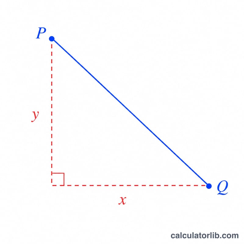 Distance between two points shown as the hypotenuse of a right triangle with horizontal and vertical legs