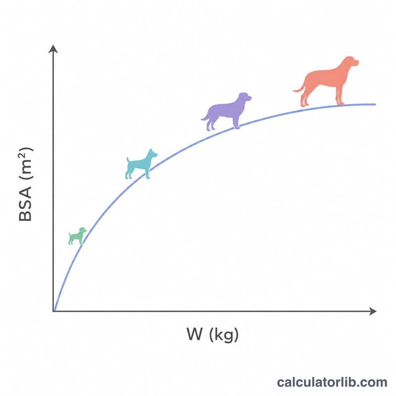 Curva que muestra cómo la superficie corporal aumenta con el peso del perro