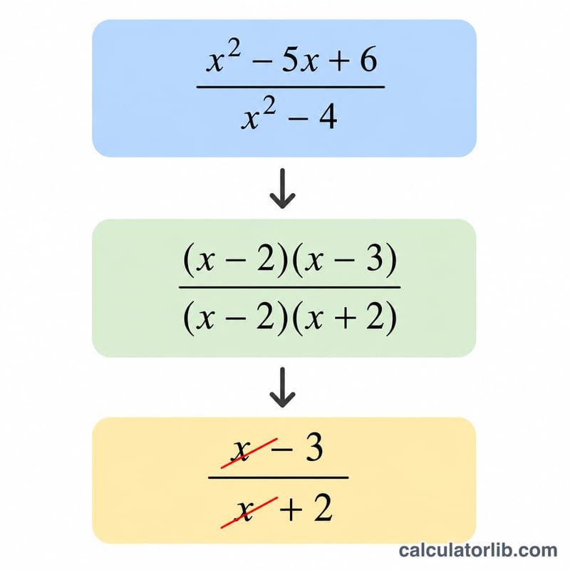 Three step flow: original quadratic fraction, factored form, then reduced form