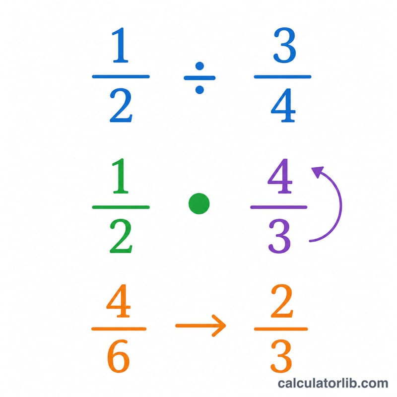 Worked example of dividing one half by three quarters