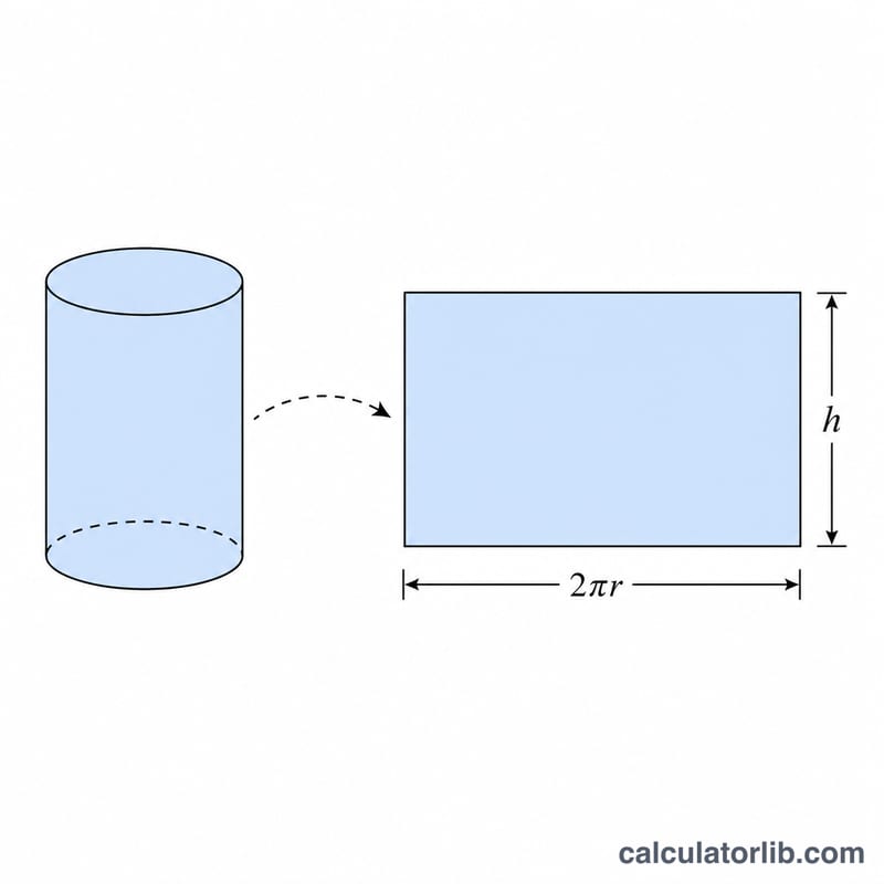Cylinder unrolled into a flat rectangle showing how the lateral surface forms a rectangle