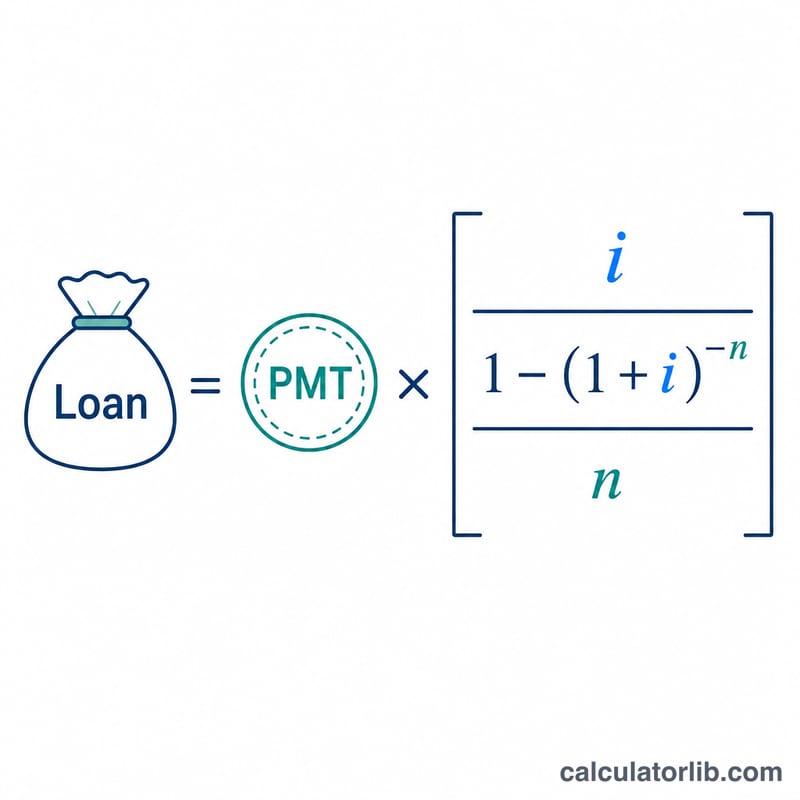 Diagram of the present value annuity formula relating loan amount to payment, rate, and number of payments