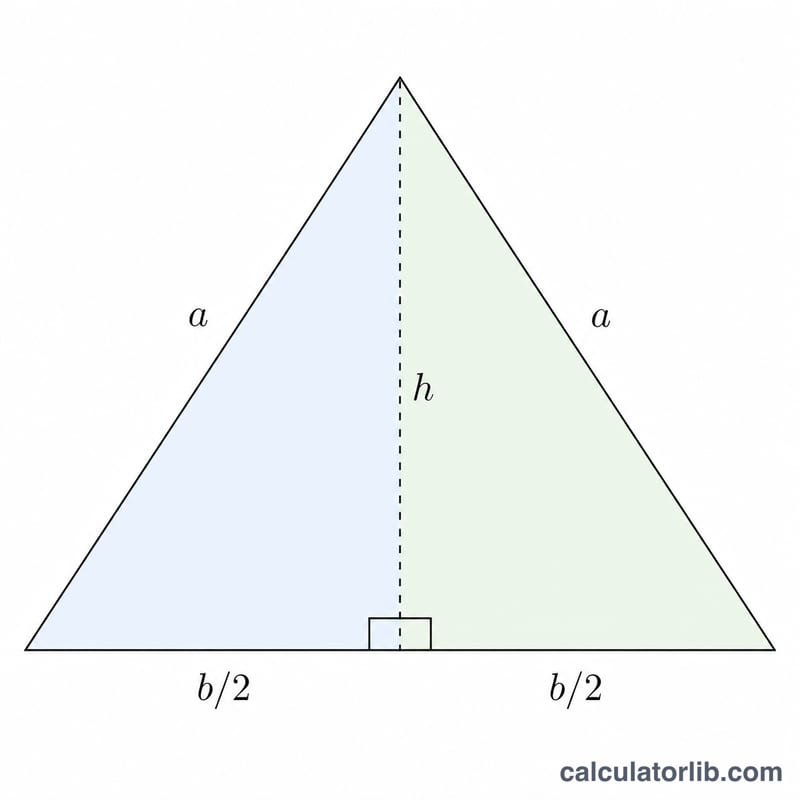 Isosceles triangle split by its altitude into two right triangles showing half-base and Pythagoras relation