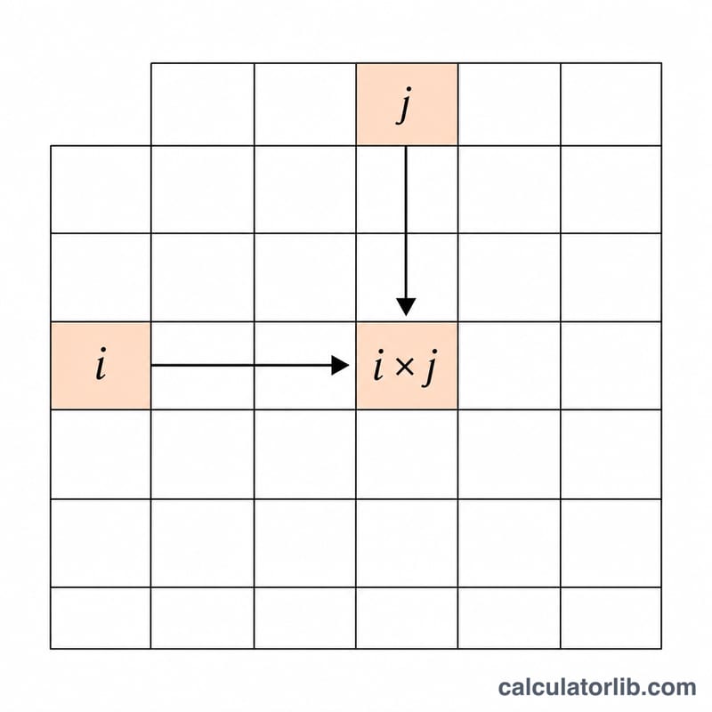 Single highlighted grid cell at the intersection of row i and column j showing the product i times j
