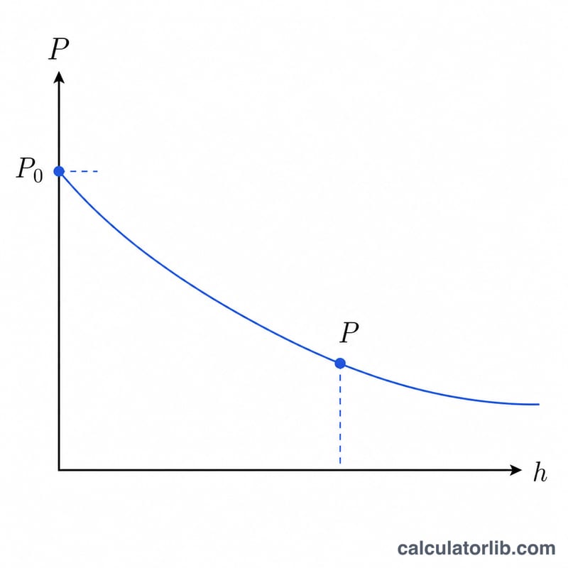 Graph of atmospheric pressure decreasing with increasing altitude along a curved line