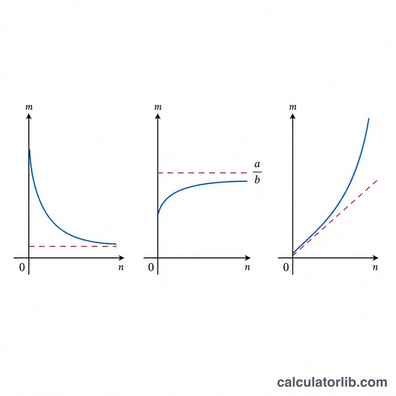 Three cases comparing numerator and denominator degrees for horizontal asymptotes