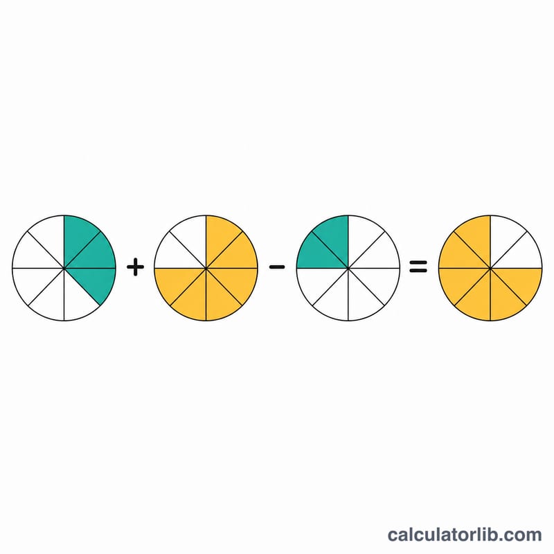 Pie circles showing fraction halves and quarters combined into a sum