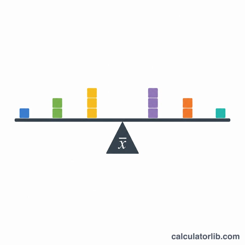 Diagram showing a sum of values divided by the count to give a balance point on a number line