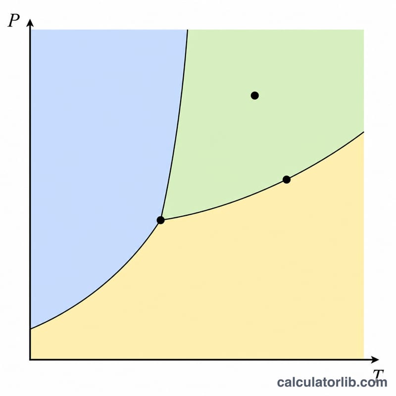 Diagrama de fases presión-temperatura de una sustancia pura que muestra las regiones de sólido, líquido y gas, un punto triple y puntos de ejemplo en una región, una línea y un punto