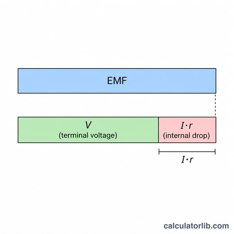 Diagram showing terminal voltage equals EMF minus the voltage drop across internal resistance