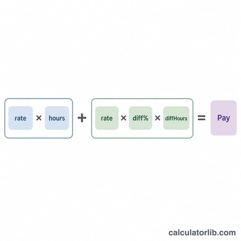 Flat diagram breaking down the shift differential pay formula into base pay plus differential pay