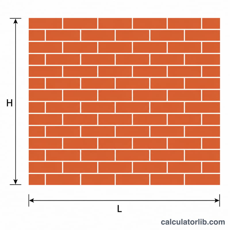 Front view of a brick wall showing overall wall length and height filled with a running bond brick pattern