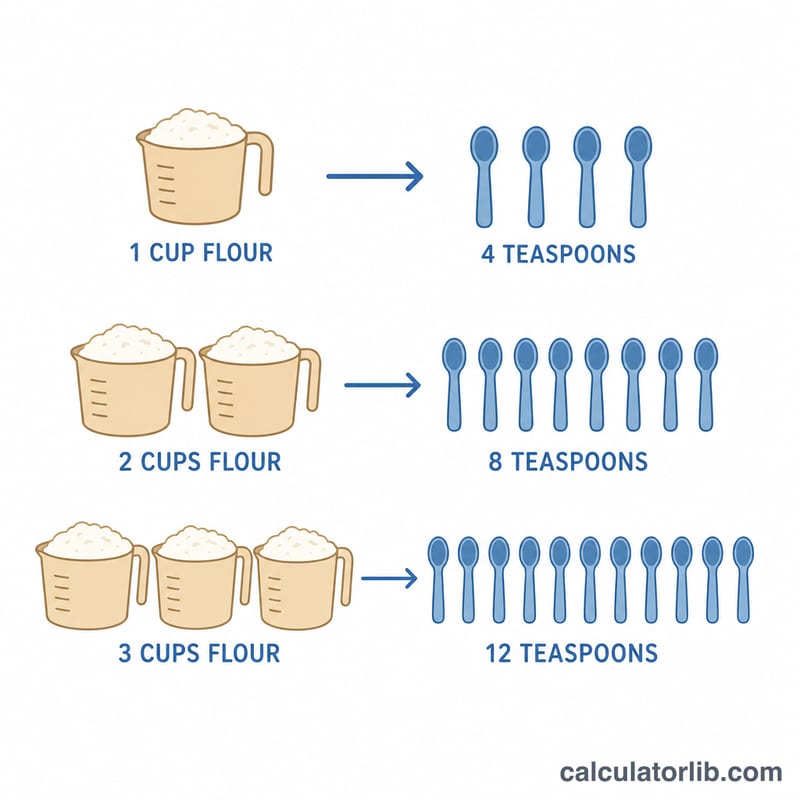 Chart showing baking powder and salt amounts scaling up with cups of flour