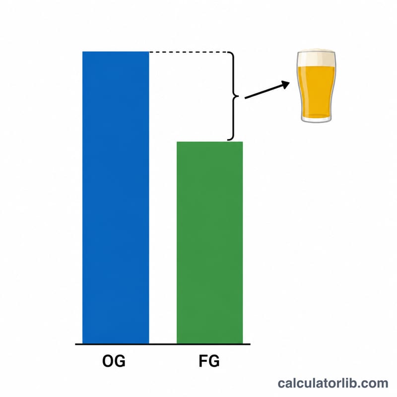 Diagram showing OG higher, FG lower, gap converted to alcohol percentage