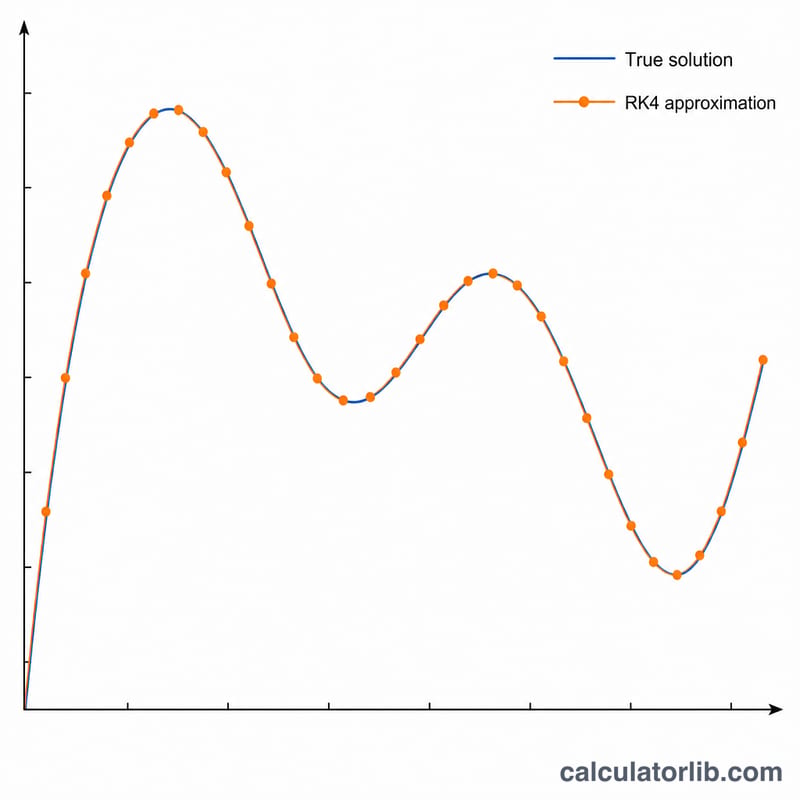 Line chart comparing exact solution curve with RK4 numerical points lying close to it