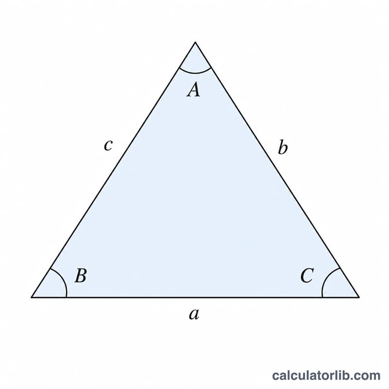 Triangle showing sides a, b, c and angles A, B, C illustrating law of cosines and law of sines