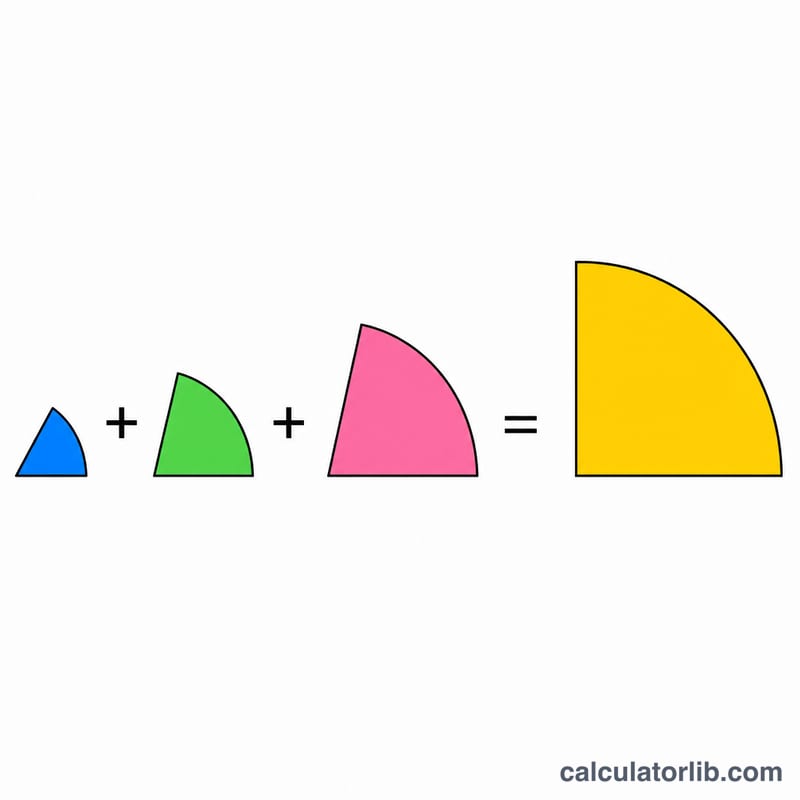Three small angle wedges summing to a quarter circle representing pi over four
