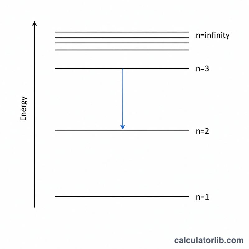 Energy level diagram with horizontal lines getting closer together at higher levels and arrows for transitions