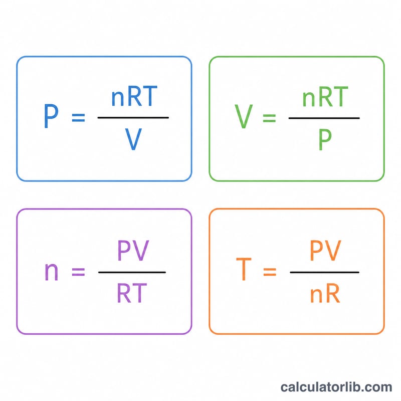 Quatre formes de la loi des gaz parfaits résolues pour P, V, n et T
