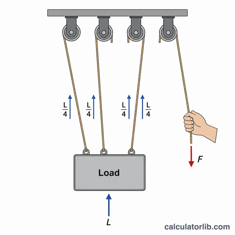 Diagram showing load force divided among rope segments to give effort force