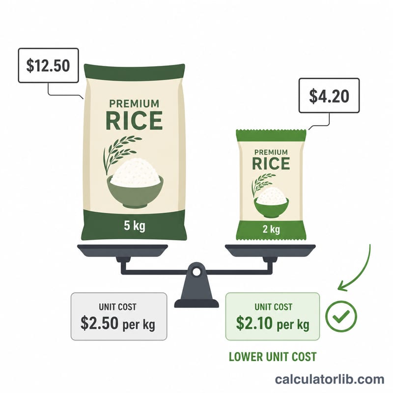 Two packages compared by their cost per pound to find the better deal