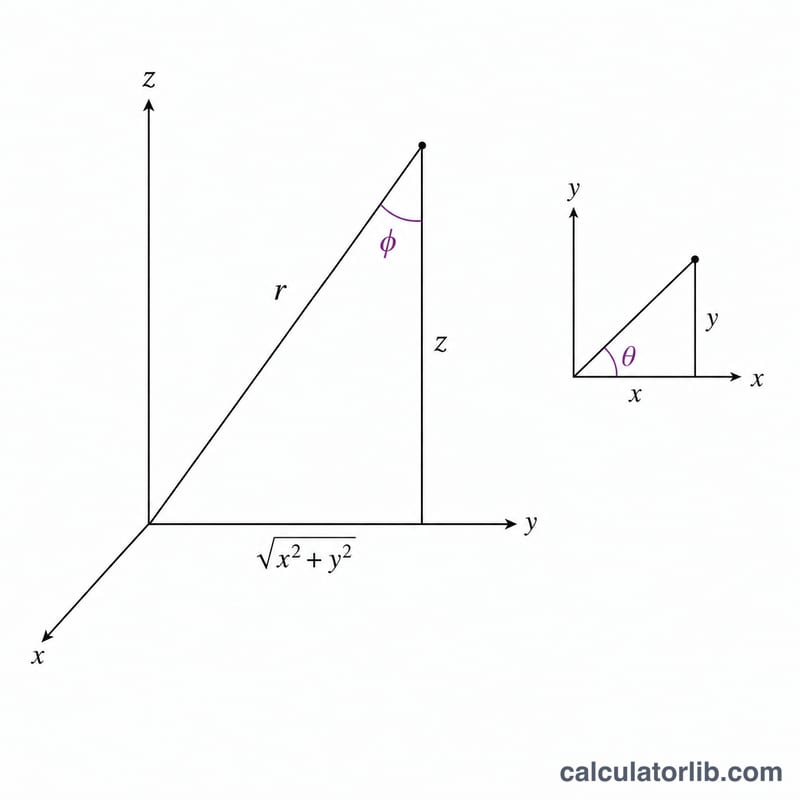 Right-triangle diagram relating r, z, the planar distance, and the angles phi and theta