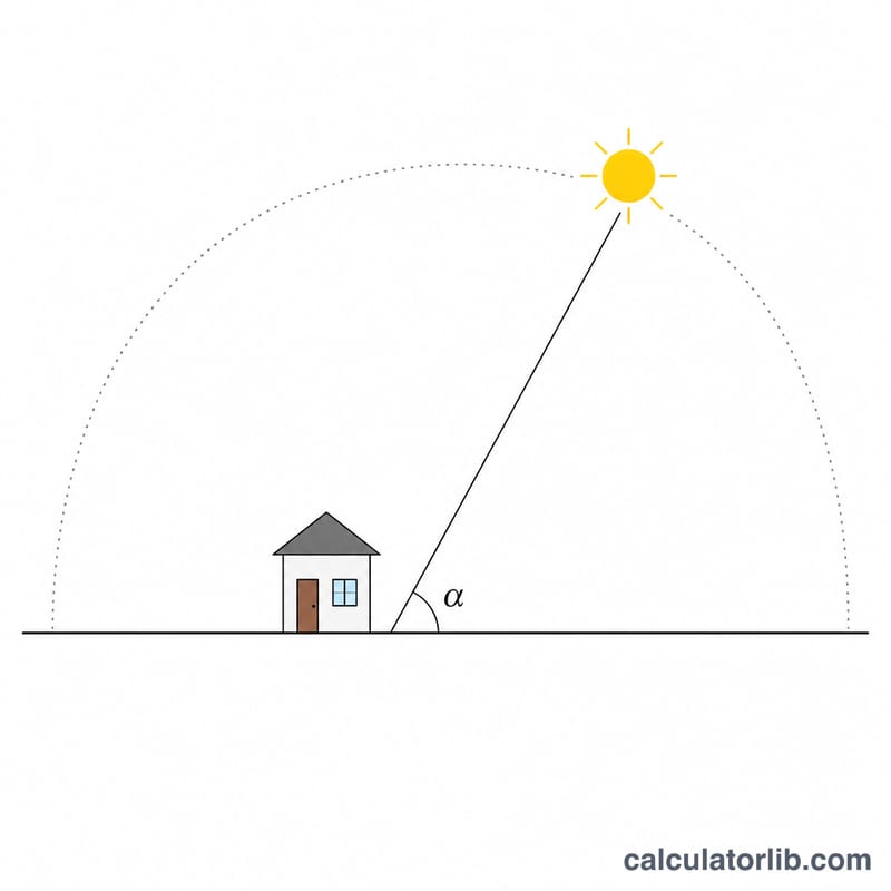 Diagram showing the sun's altitude angle alpha above the horizon relative to a house