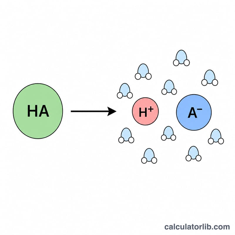 Diagram showing a strong acid molecule fully dissociating into hydrogen ions and anions in water