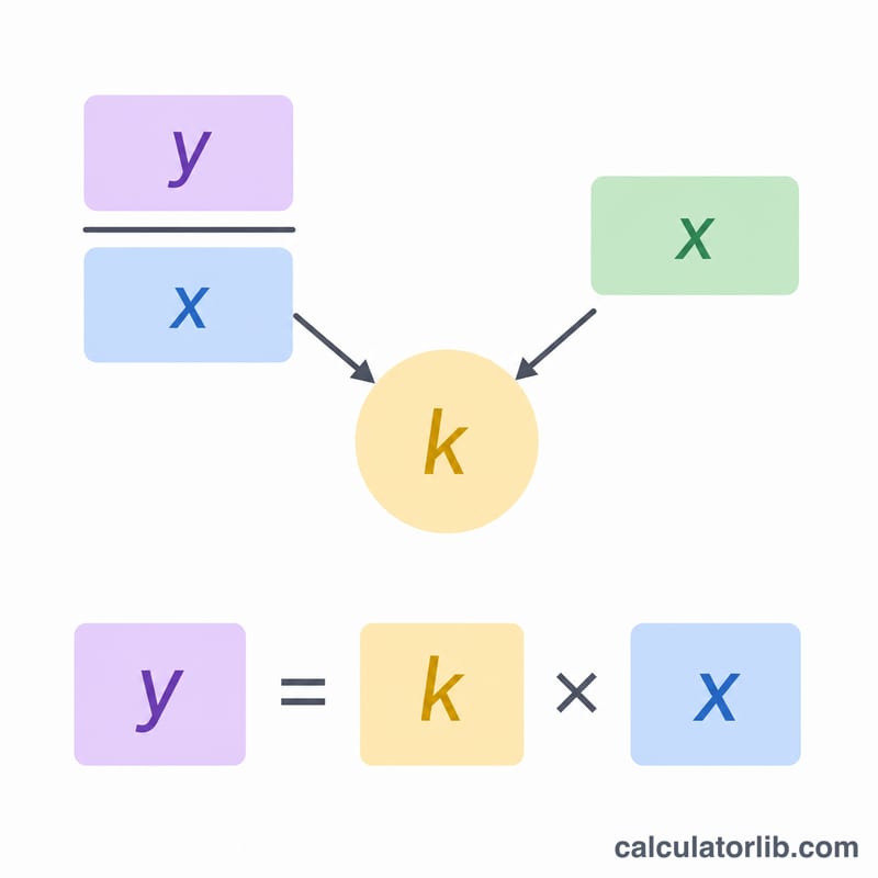 Formula relationship between k, x and y for direct variation