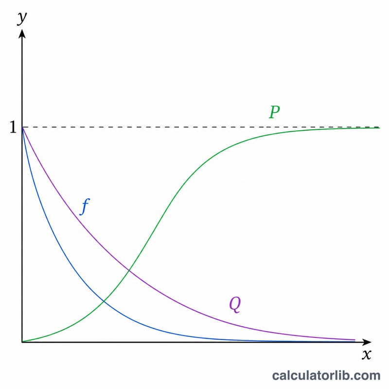Three curves comparing PDF, CDF rising to one, and survival function falling to zero for the exponential distribution