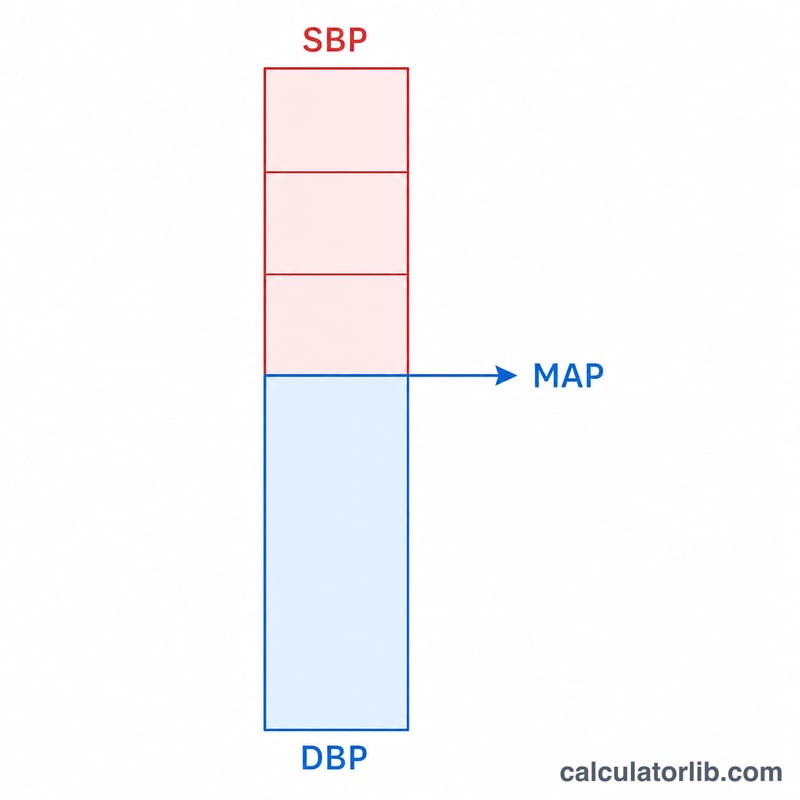 Bar showing the gap between diastolic and systolic pressure divided into three equal parts with MAP marked one third up