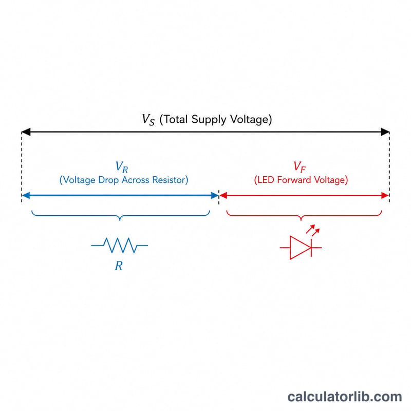 Supply voltage split into resistor voltage drop and LED forward voltage