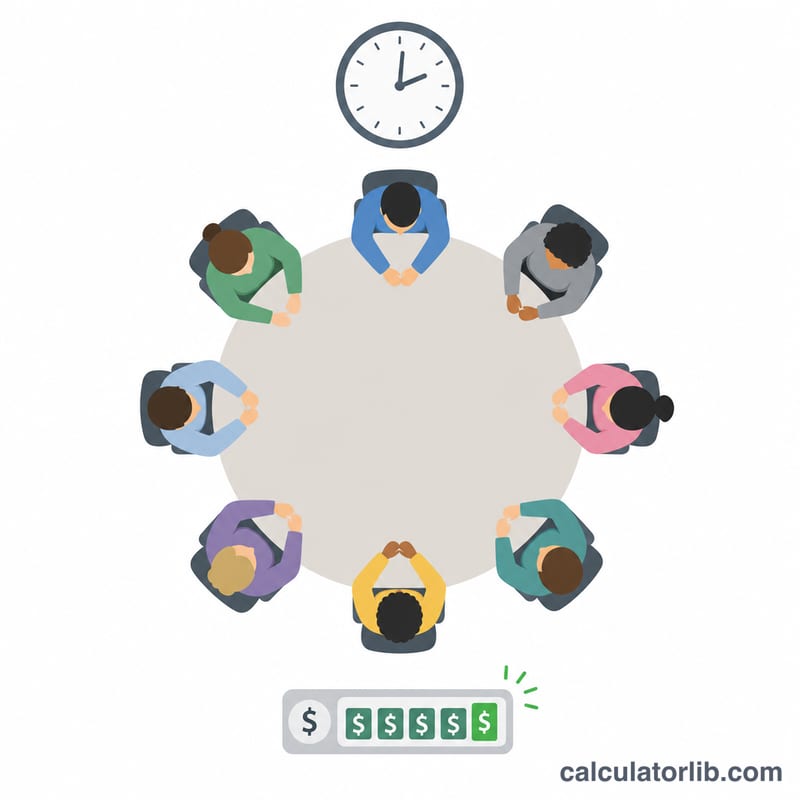 Overhead view of people around a meeting table with a clock and rising cost meter
