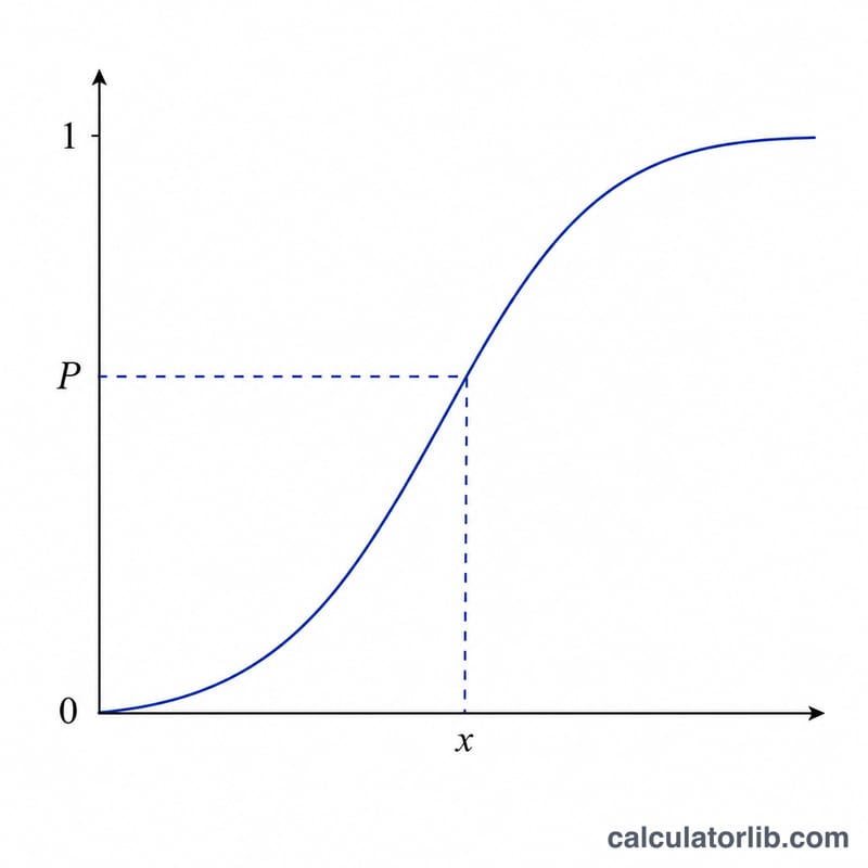 Inverse CDF mapping a probability on the vertical axis to a quantile value on the horizontal axis along an S-shaped cumulative curve