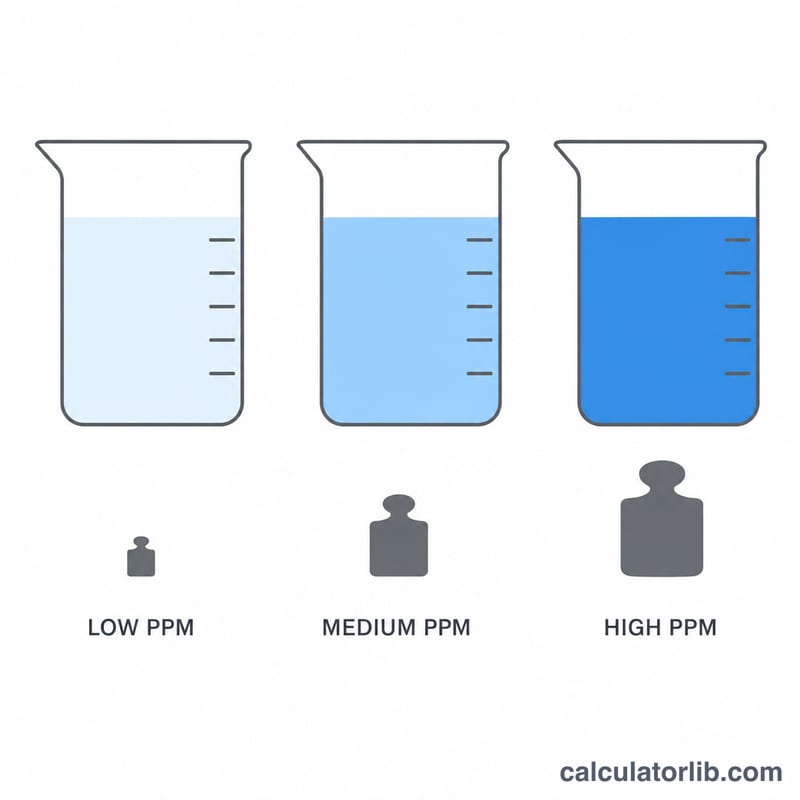 Three beakers showing increasing solute mass for higher ppm concentrations