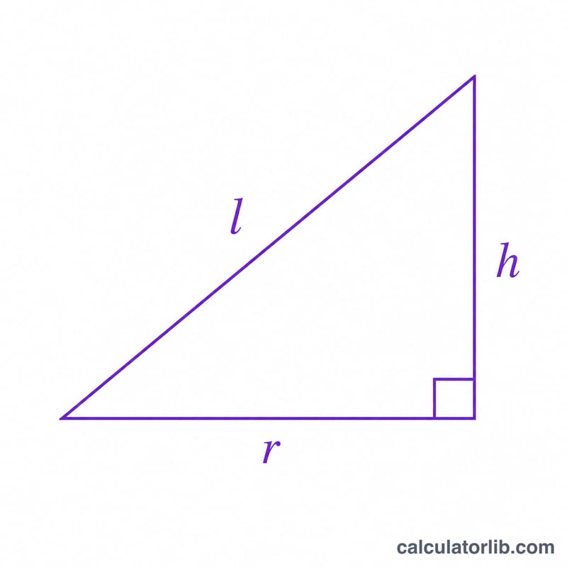 Right triangle with legs r and h and hypotenuse l illustrating the Pythagorean relationship