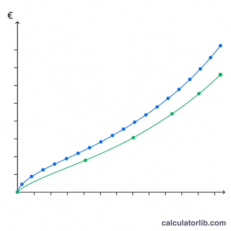 Two side-by-side growth curves comparing monthly versus annual compounding